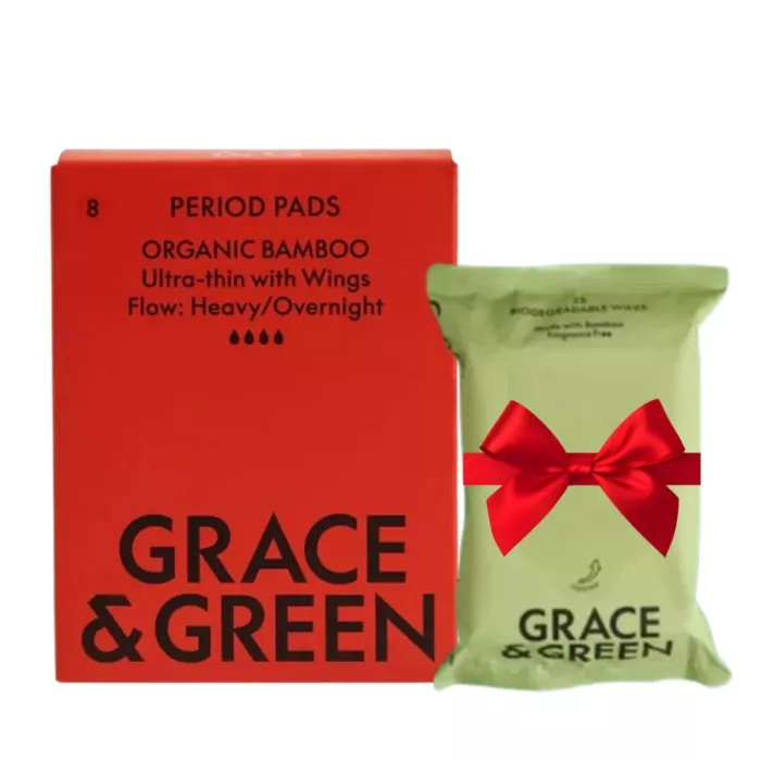 Pachet Absorbante din bambus organic, Noapte (8 buc) + Servetele umede biodegradabile (25 buc), Grace and Green