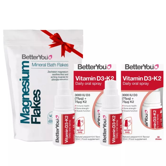 Pachet 2x Vitamina D3+K2 Spray Oral (12 ml) + Fulgi de baie cu magneziu (1000 grame), BetterYou