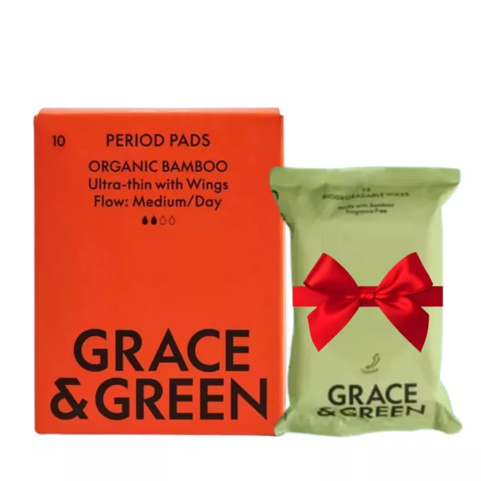 Pachet Absorbante din bambus organic, Zi (10 buc) + Servetele umede biodegradabile (25 buc), Grace and Green