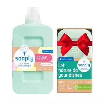 Pachet Detergent ecologic pentru rufe colorate Magnificent Magnolia (1L) + Sapun ecologic pentru vase Fresh Lime (120 gr), Soaply