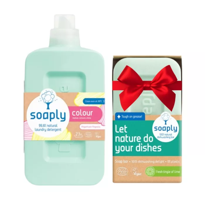 Pachet Detergent ecologic pentru rufe colorate Magnificent Magnolia (1L) + Sapun ecologic pentru vase Fresh Lime (120 gr), Soaply