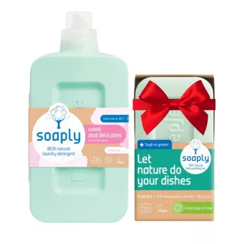 Pachet Detergent ecologic pentru lana si matase Lively Lotus (1L) + Sapun ecologic pentru vase Fresh Lime (120 gr), Soaply
