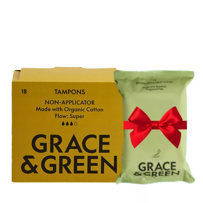 Pachet Tampoane din bumbac organic 100%, Super (18 buc) + Servetele umede biodegradabile (25 buc), Grace and Green