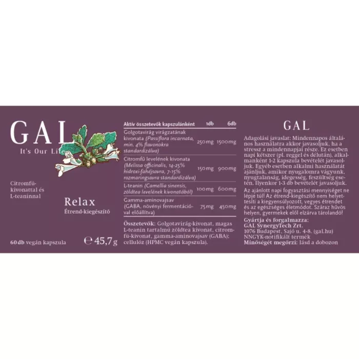 GAL Relax cu extract de roiniță și L-teanină (60 de capsule), GAL GAL Relax cu extract de roiniță și L-teanină (60 de capsule), GAL
