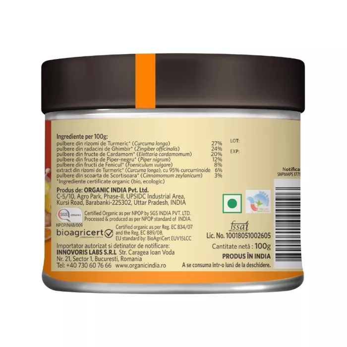 Golden Turmeric Latte Mix - Amestec Instant cu 6% Curcumină Organică (100 grame), Organic India Golden Turmeric Latte Mix - Amestec Instant cu 6% Curcumină Organică (100 grame), Organic India
