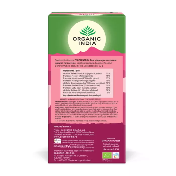 Ceai Tulsi Energy, Amestec Adaptogen Energizant Natural (25 plicuri infuzie), Organic India Ceai Tulsi Energy, Amestec Adaptogen Energizant Natural (25 plicuri infuzie), Organic India