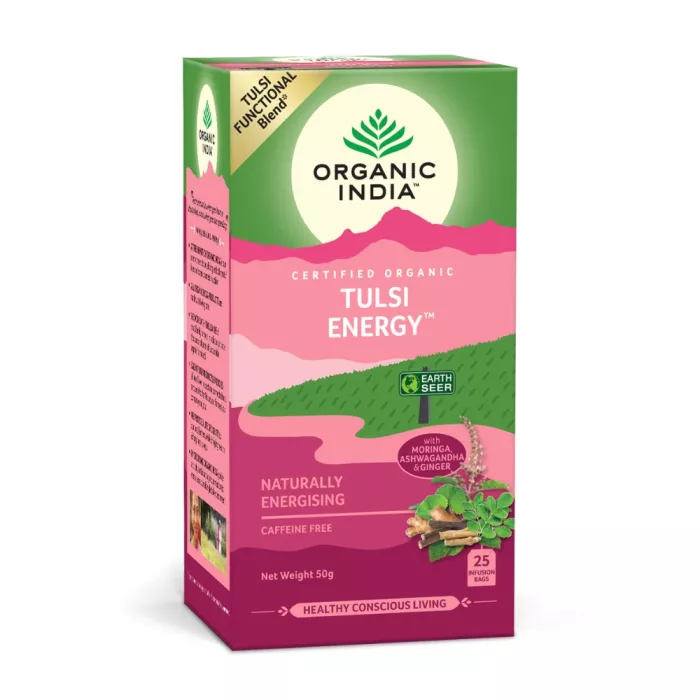Ceai Tulsi Energy, Amestec Adaptogen Energizant Natural (25 plicuri infuzie), Organic India Ceai Tulsi Energy, Amestec Adaptogen Energizant Natural (25 plicuri infuzie), Organic India