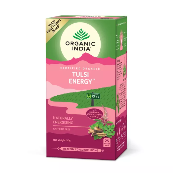 Ceai Tulsi Energy, Amestec Adaptogen Energizant Natural (25 plicuri infuzie), Organic India Ceai Tulsi Energy, Amestec Adaptogen Energizant Natural (25 plicuri infuzie), Organic India
