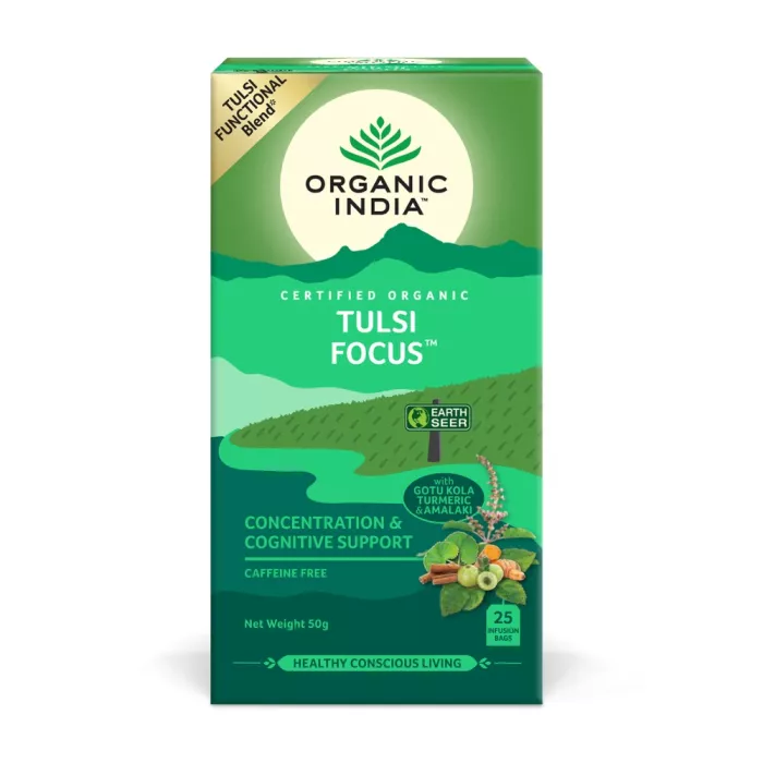 Ceai Tulsi Focus, Amestec Adaptogen pentru Concentrare si Sprijin Cognitiv (25 plicuri infuzie), Organic India Ceai Tulsi Focus, Amestec Adaptogen pentru Concentrare si Sprijin Cognitiv (25 plicuri infuzie), Organic India