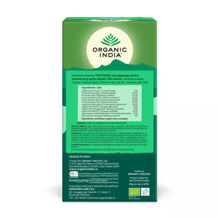 Ceai Tulsi Focus, Amestec Adaptogen pentru Concentrare si Sprijin Cognitiv (25 plicuri infuzie), Organic India Ceai Tulsi Focus, Amestec Adaptogen pentru Concentrare si Sprijin Cognitiv (25 plicuri infuzie), Organic India