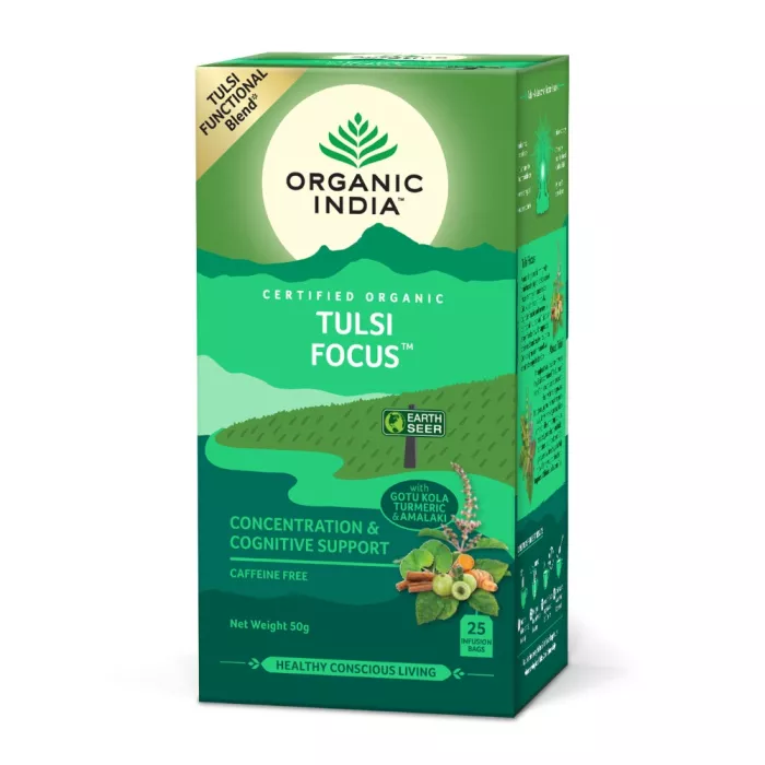 Ceai Tulsi Focus, Amestec Adaptogen pentru Concentrare si Sprijin Cognitiv (25 plicuri infuzie), Organic India Ceai Tulsi Focus, Amestec Adaptogen pentru Concentrare si Sprijin Cognitiv (25 plicuri infuzie), Organic India