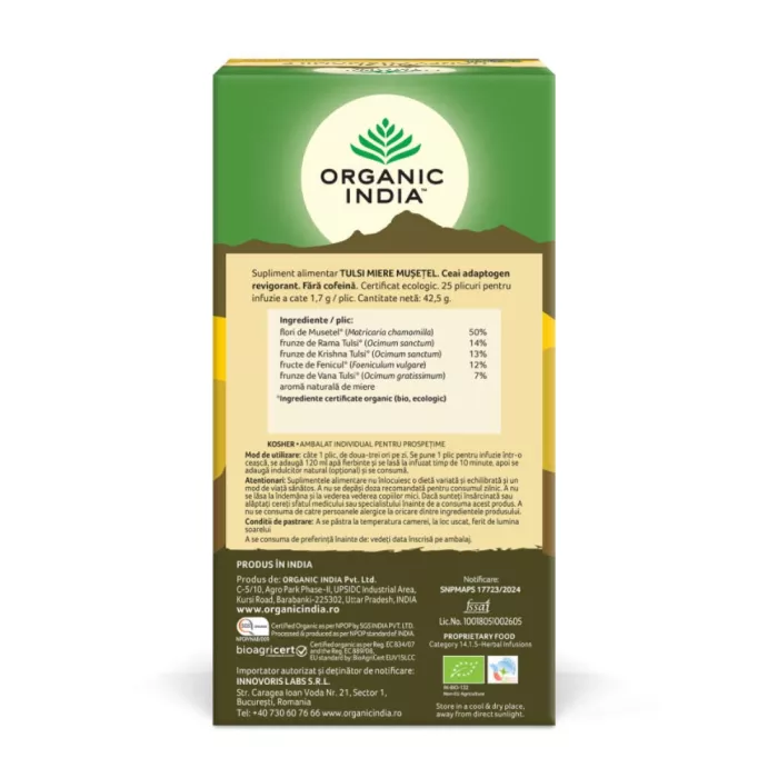 Ceai Tulsi Miere Mușețel, Amestec Adaptogen Revigorant (25 plicuri infuzie), Organic India Ceai Tulsi Miere Mușețel, Amestec Adaptogen Revigorant (25 plicuri infuzie), Organic India