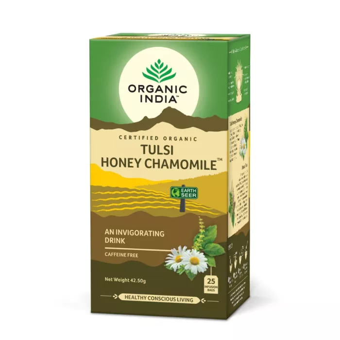 Ceai Tulsi Miere Mușețel, Amestec Adaptogen Revigorant (25 plicuri infuzie), Organic India Ceai Tulsi Miere Mușețel, Amestec Adaptogen Revigorant (25 plicuri infuzie), Organic India