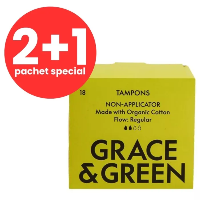2+1 Tampoane din bumbac organic 100%, Normal (18 buc), Grace and Green