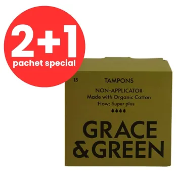 2+1 Tampoane din bumbac organic 100%, Super Plus (15 buc), Grace and Green