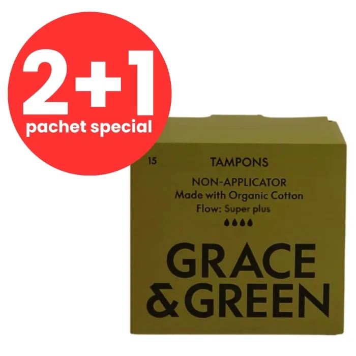 2+1 Tampoane din bumbac organic 100%, Super Plus (15 buc), Grace and Green