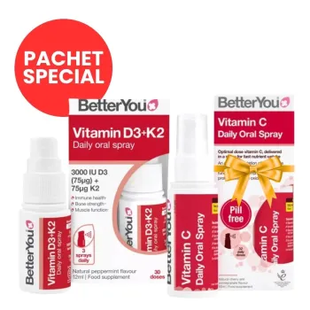 Pachet Vitamina D3+K2 3000UI+75μg Spray Oral (12 ml) + Vitamina C Oral Spray (50 ml), BetterYou