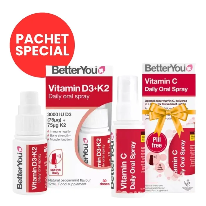 Pachet Vitamina D3+K2 3000UI+75μg Spray Oral (12 ml) + Vitamina C Oral Spray (50 ml), BetterYou