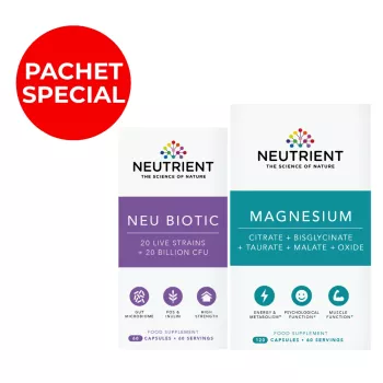 Pachet Magneziu - Formula cu 4 chelați (120 capsule) + Neu Biotic Multi Strain Probiotic 20 miliarde (60 capsule), Neutrient