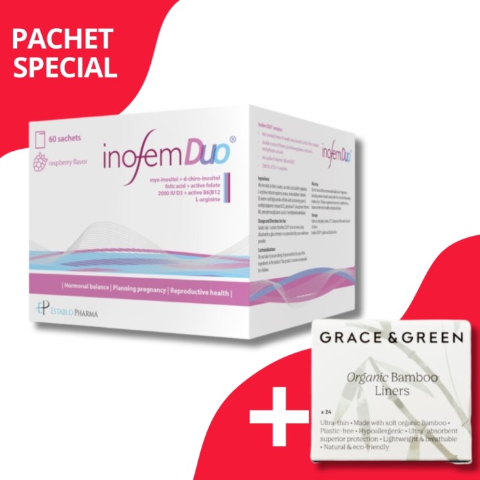 Pachet Inofem Duo (60 pliculeţe) + Panty liners (24 buc) din bambus organic, Grace and Green