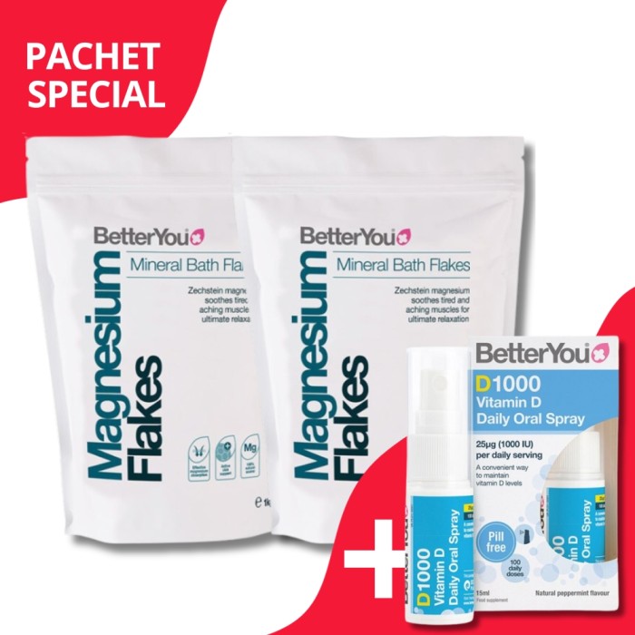 2 x Fulgi de baie cu magneziu + 1 x D1000 Vitamin D Oral Spray, BetterYou
