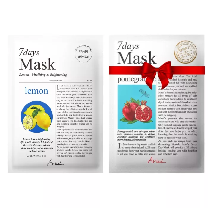 Pachet Masca Ariul 7Days PLUS Lamaie + C (Vitamina C), luminozitate intensiva a tenului (23ml) + Masca servetel 7Days Rodie - fermitate si luminozitate (20 grame), Ariul