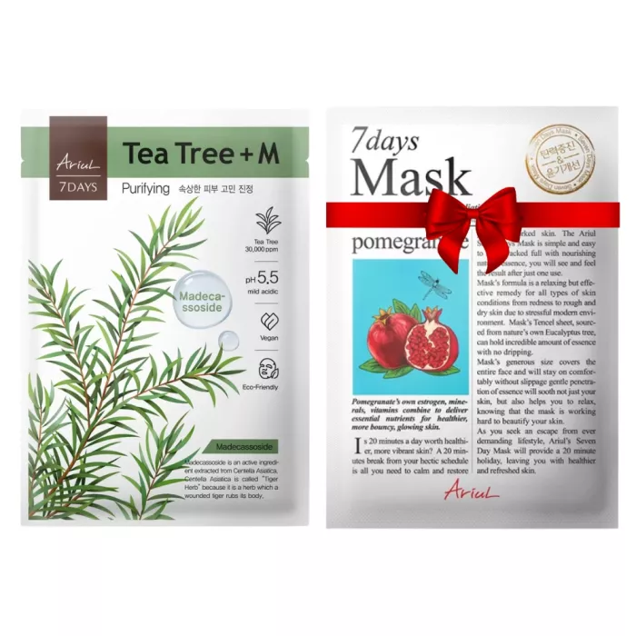 Pachet Masca Ariul 7Days PLUS Arbore de Ceai + M, purificarea rapida a tenului stresat (23ml) + Masca servetel 7Days Rodie - fermitate si luminozitate (20 grame), Ariul