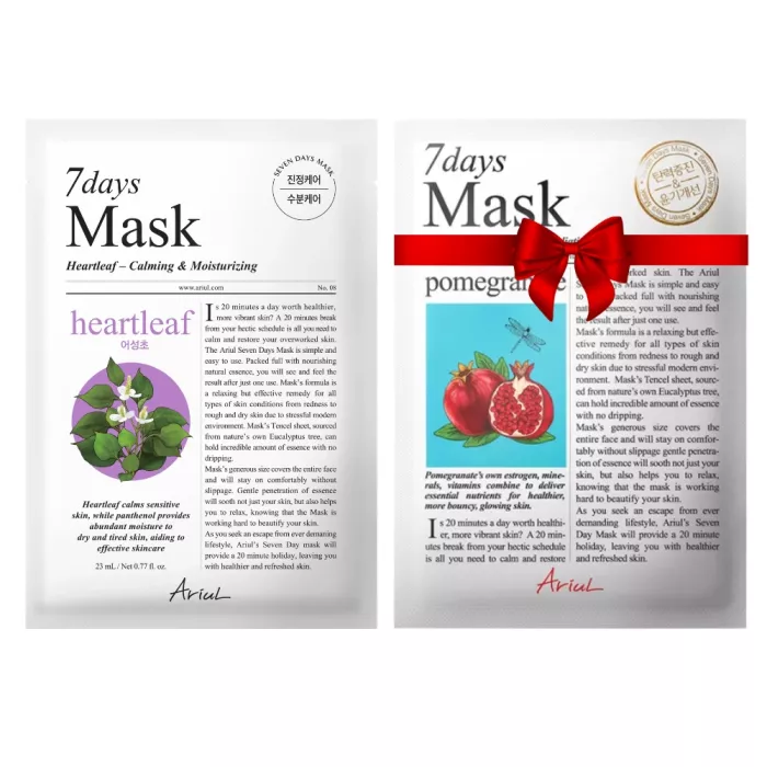 Pachet Masca Ariul 7Days PLUS Heartleaf + P (Panthenol), Hidratare și Calmare Rapida (23ml) + Masca servetel 7Days Rodie - fermitate si luminozitate (20 grame), Ariul