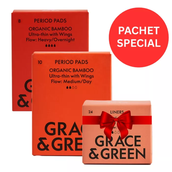Pachet 1x Absorbante zi, 1x Absorbante noapte + 1x Panty liners bambus organic, Grace and Green Pachet 1x Absorbante zi, 1x Absorbante noapte + 1x Panty liners bambus organic, Grace and Green