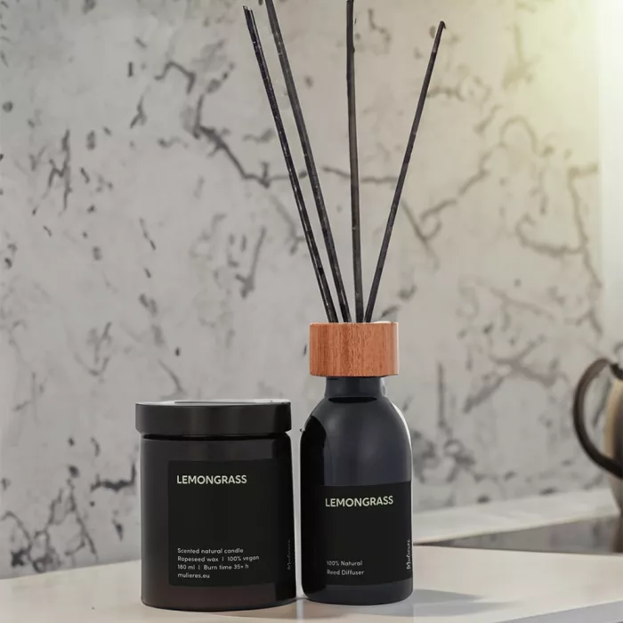 Set lumanare naturala si difuzor natural cu betisoare din trestie Lemongrass (180ml+100ml), Mulieres