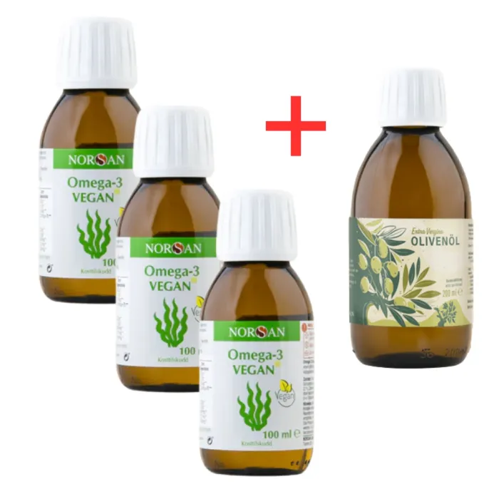 Pachet 3x Omega 3 Vegan Ulei (100 ml), Norsan + Ulei de masline (200 ml)