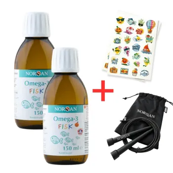 Pachet 2x Omega 3 FISK Ulei (150 ml), Norsan + Tatuaje temporare pentru copii + Coarda de sarit