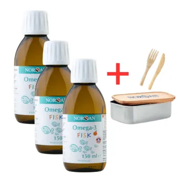 Pachet 3x Omega 3 FISK Ulei (150 ml), Norsan + Caserola metalica cu capac si tacamuri din bambus