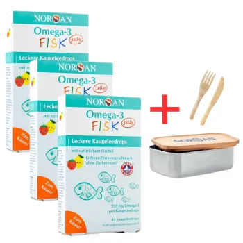 Pachet 3x Omega 3 FISK Jeleuri (45 bucati), Norsan + Caserola metalica cu capac si tacamuri din bambus