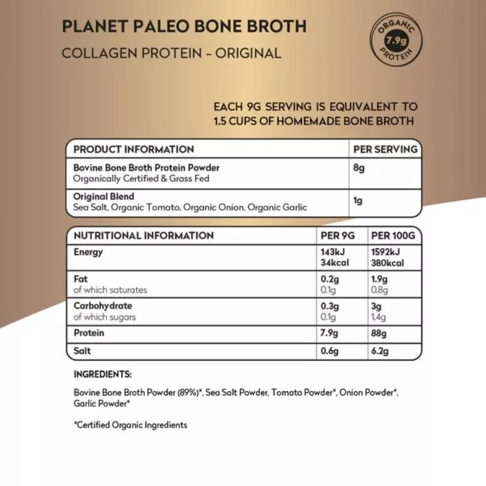 Organic Bone Broth proteina de colagen organic din supa de oase 225 grame (25 portii), Planet Paleo