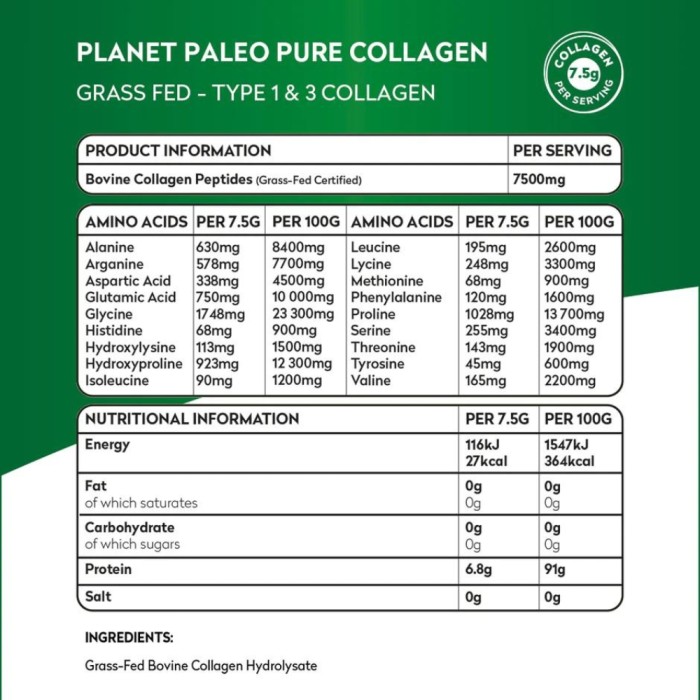 Colagen hidrolizat bovin peptide tip 1 si 3 Pur 225 gr (30 portii), Planet Paleo