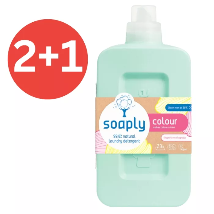 2+1 Detergent ecologic pentru rufe colorate cu 99.8% ingrediente naturale Magnificent Magnolia (1L), Soaply 2+1 Detergent ecologic pentru rufe colorate cu 99.8% ingrediente naturale Magnificent Magnolia (1L), Soaply