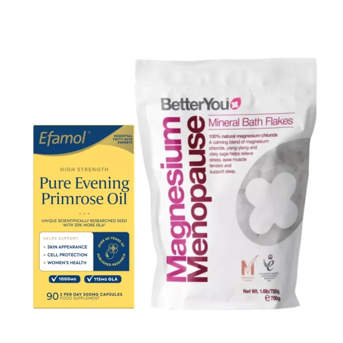 Pachet Pure Evening Primrose 500 mg (90 capsule), Efamol® + Fulgi de baie cu magneziu pentru menopauza (750 grame), BetterYou