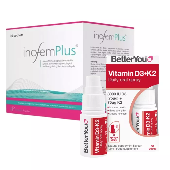 Pachet Inofem Plus (30 pliculeţe), Establo Pharma + D3000+K2 Oral Spray (12ml), BetterYou Pachet Inofem Plus (30 pliculeţe), Establo Pharma + D3000+K2 Oral Spray (12ml), BetterYou