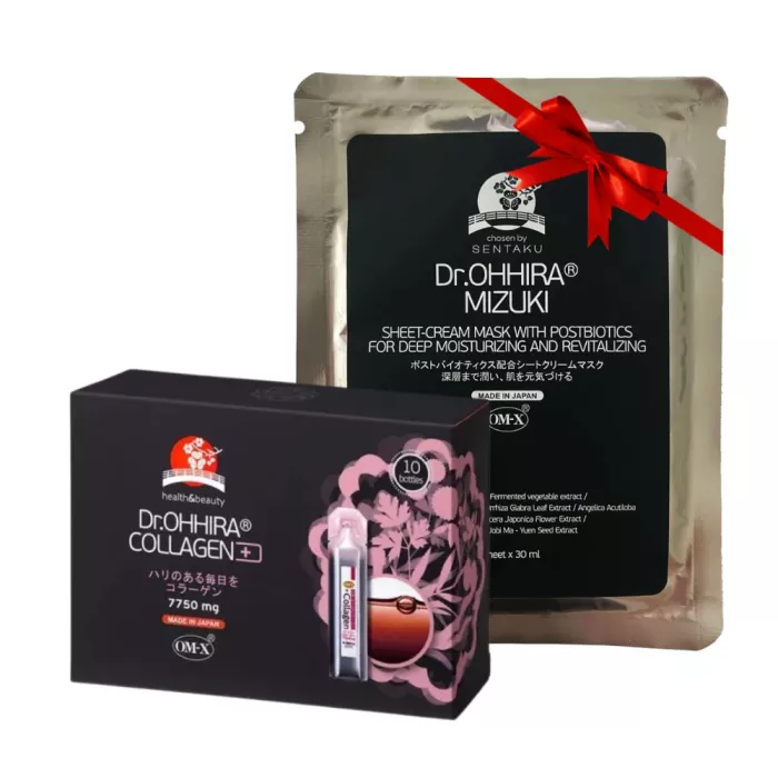 Pachet Dr.Ohhira® Anti Age Colagen cu OM-X®, 10 fiole + Dr.Ohhira® masca de fata tip servetel MIZUKI cu probiotice, (1 buc)