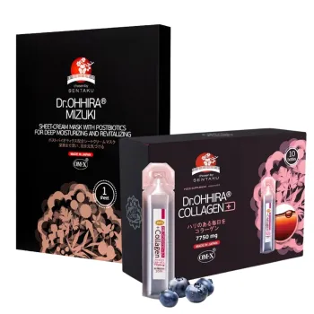 Pachet Dr.Ohhira® Anti Age Colagen cu OM-X®, 10 fiole + Dr.Ohhira® masca de fata tip servetel MIZUKI cu probiotice, (1 buc)