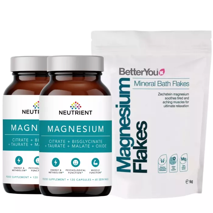 Pachet 2x Magneziu - Formula cu 4 chelați (120 capsule), Neutrient + 1x Fulgi de baie cu magneziu (1000 grame), BetterYou Pachet 2x Magneziu - Formula cu 4 chelați (120 capsule), Neutrient + 1x Fulgi de baie cu magneziu (1000 grame), BetterYou