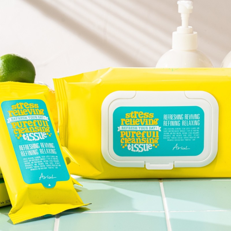 Servetele de curatare a tenului Stress Relieving Purefull Cleansing Tissue, cosmetice coreene naturale, (80 buc), Ariul