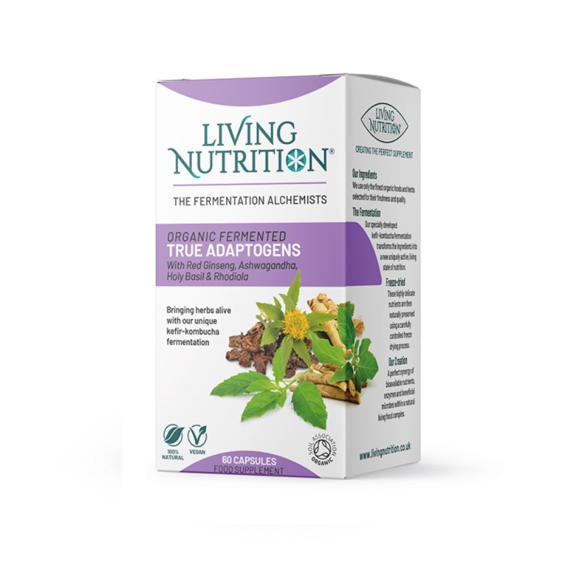 Organic fermented True Adaptogens cu ginseng, ashwagandha, holy basil si rhodiola 560 mg (60 capsule), Living Nutrition