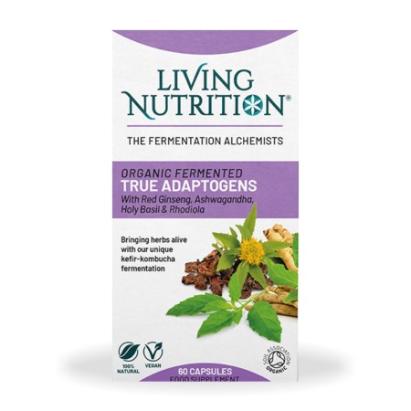 Organic fermented True Adaptogens cu ginseng, ashwagandha, holy basil si rhodiola 560 mg (60 capsule), Living Nutrition