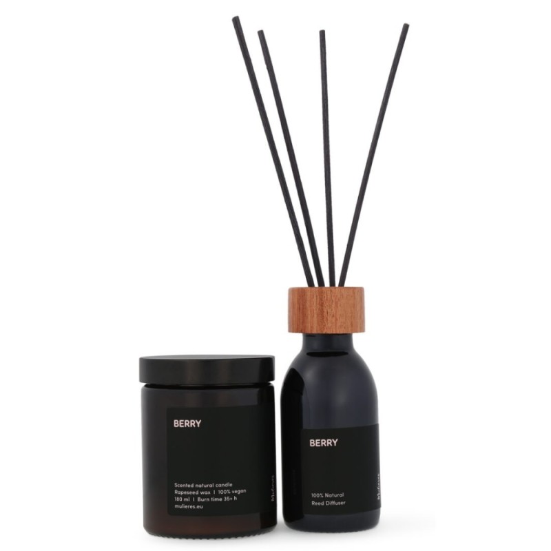 Set lumanare naturala si difuzor natural cu betisoare din trestie Berry (180ml+100ml), Mulieres