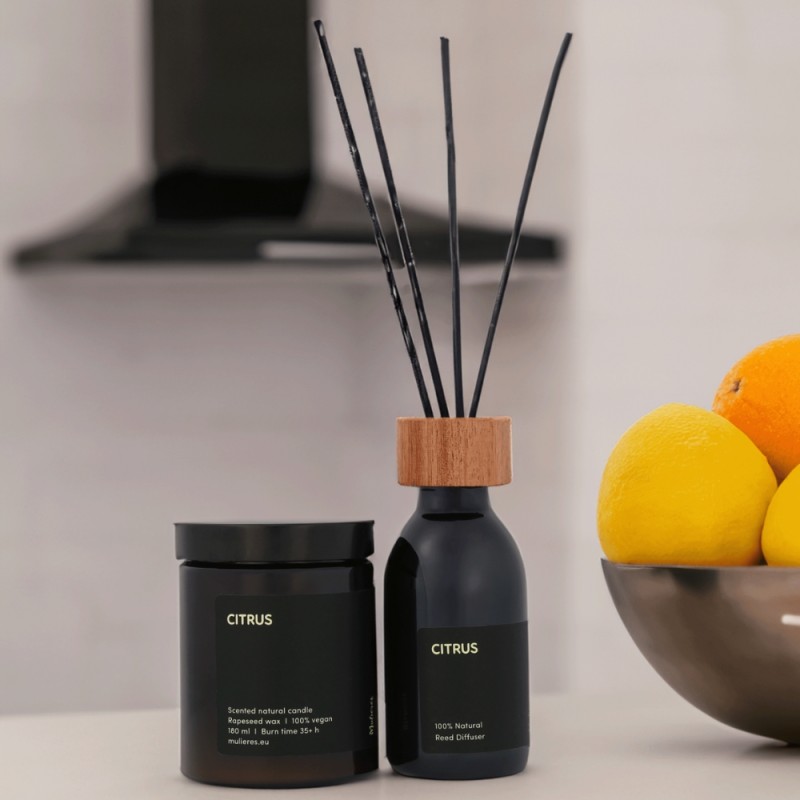 Set lumanare naturala si difuzor natural cu betisoare din trestie Citrus (180ml+100ml), Mulieres