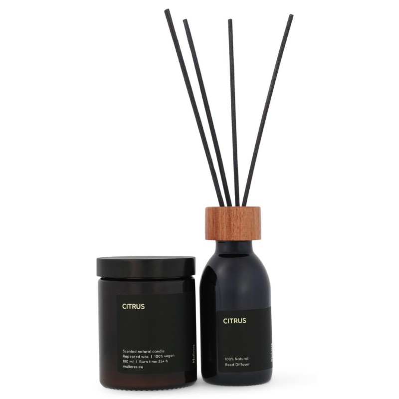 Set lumanare naturala si difuzor natural cu betisoare din trestie Citrus (180ml+100ml), Mulieres