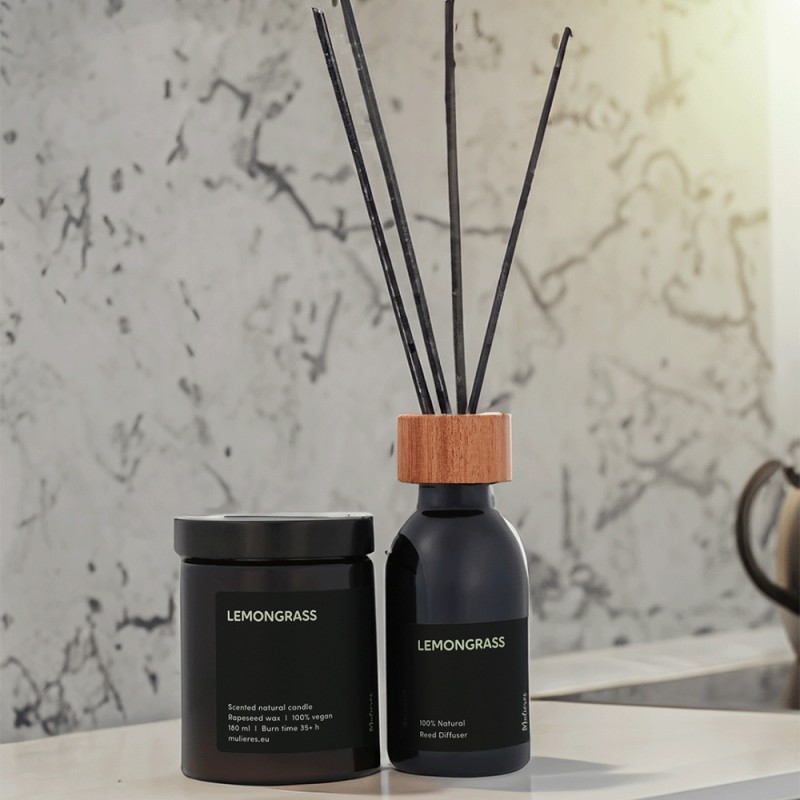 Set lumanare naturala si difuzor natural cu betisoare din trestie Lemongrass (180ml+100ml), Mulieres