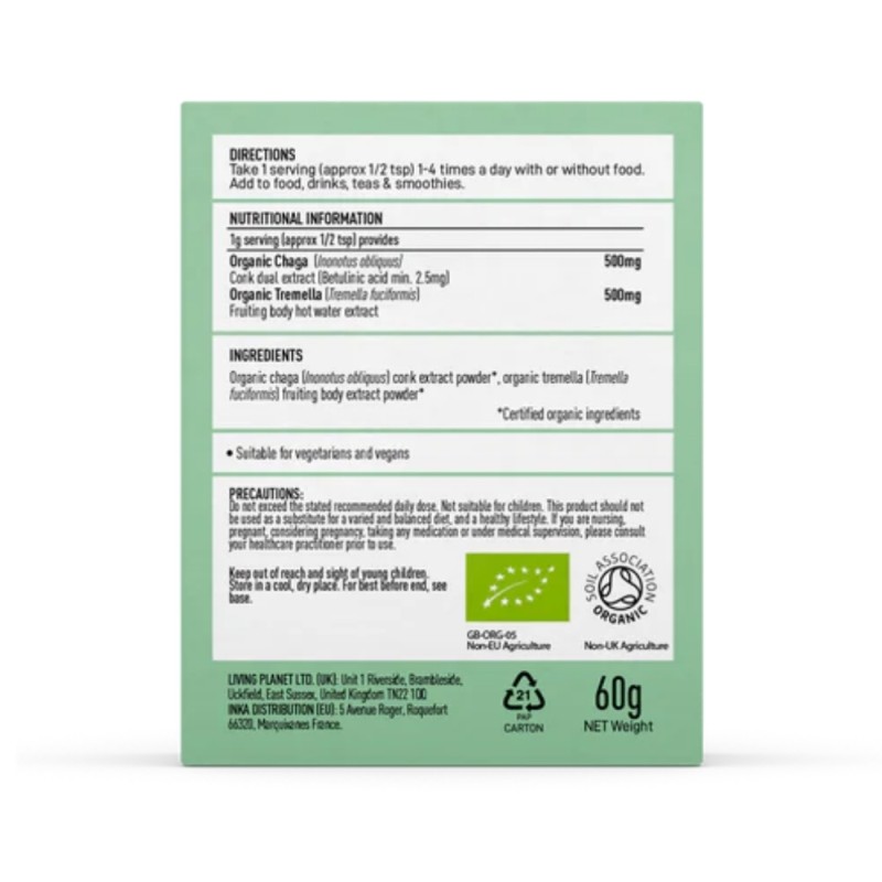Organic Myco Beauty Chaga si Tremella 1000 mg Pure Grade Extracts Powder (60 grame), MushroomsForLife